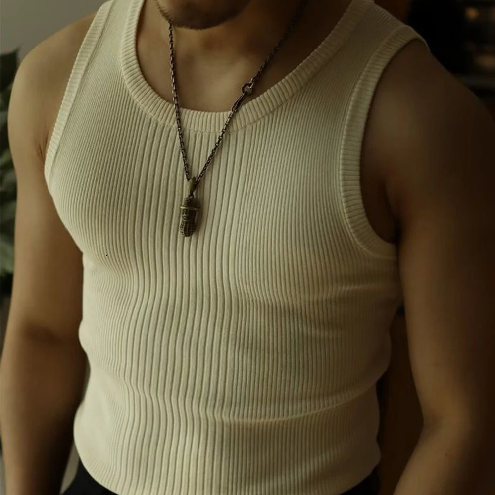 Mens streetwear casual solid color knitted vest sports vest gym bottom shirt autumn hardcover ribbed vest sleeveless tee 250402