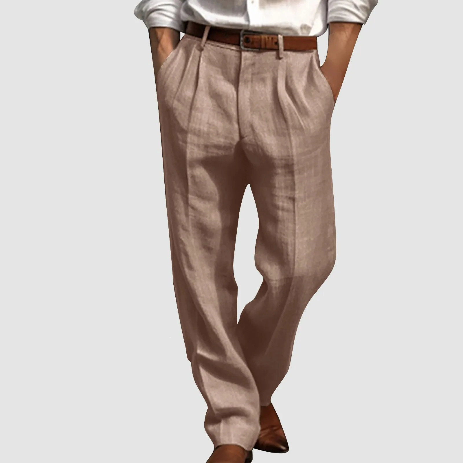Cotton Linen Pants For Men Pleated Front Trouser Straight Leg Suit Trousers Solid Color Office Comfortable Slip Trousers 250402