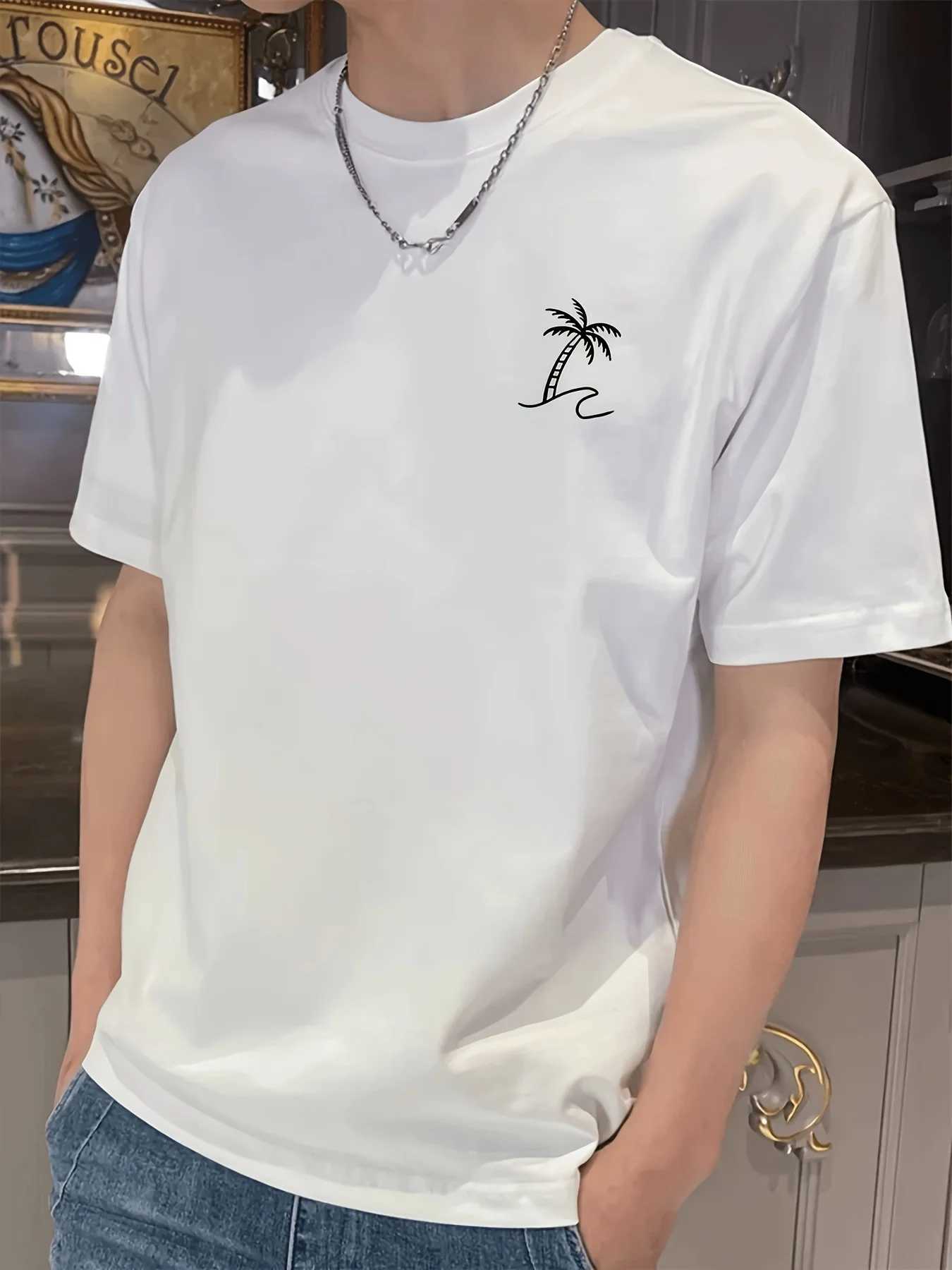 Summer mens 100% pure polyester sports casual loose fit plus size coconut tree pattern printed round neck short sleeved T-shirt W250403