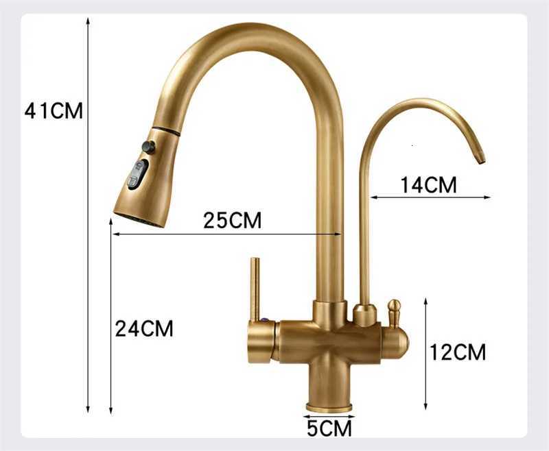 Antique Pl Out Kitchen Faucet Solid Brass Crane Kitchen Deck Mounted Water Filter Tap Sink Faucet Mixer 3 Way Kitchen Faucet Y251104