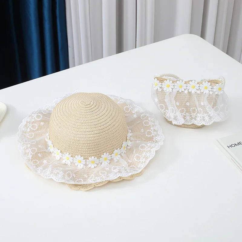 Baby Cute Lace Woven Straw Hat And Shoulder Bag Set Summer Girls Daisy Flower Beach Travel Sunscreen Sun Cap 250326