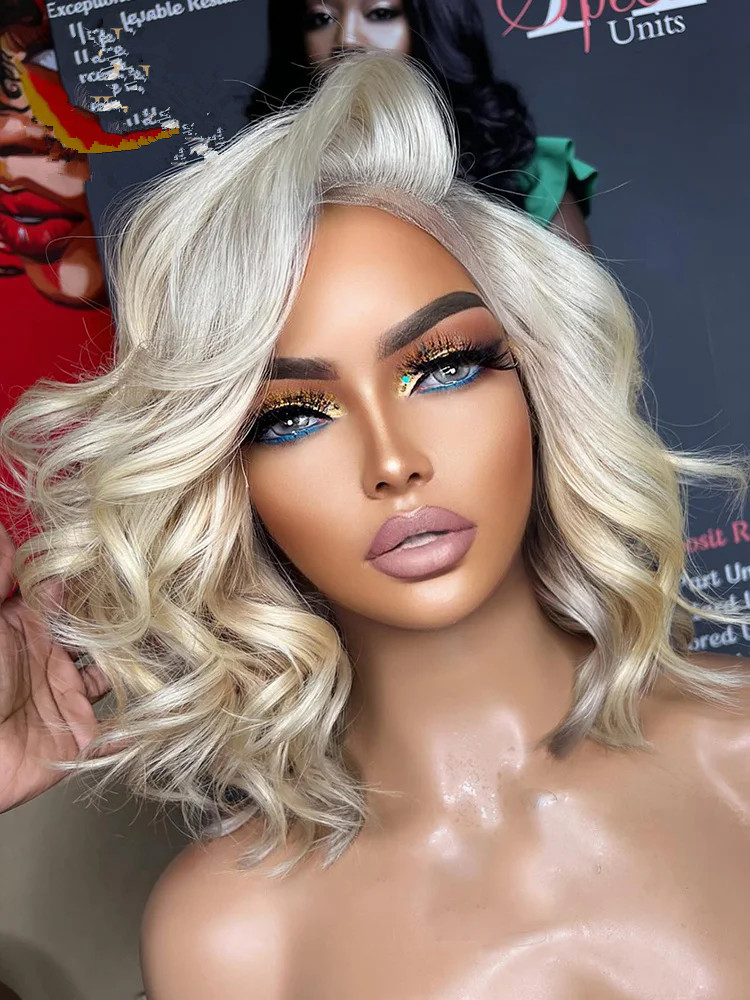 Braziilian raw virgin Platinum Ash Blonde Full lace Bob short wavy 5x5 Lace Closure Human Hair Wig side part 613 Transparent Lace Front Wig For Women