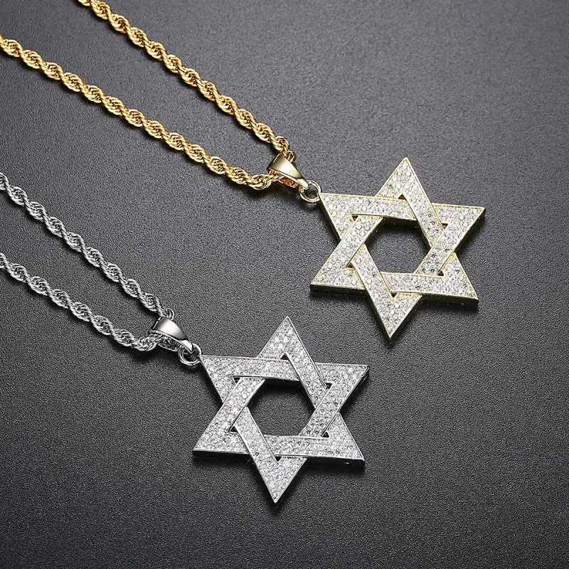 Hip Hop Men Gold Color Plated Jewelry Micro Pave Iced Out Cz Stone Star of David Pendant Hexagram Israel Judaism NecklacesXJ251104