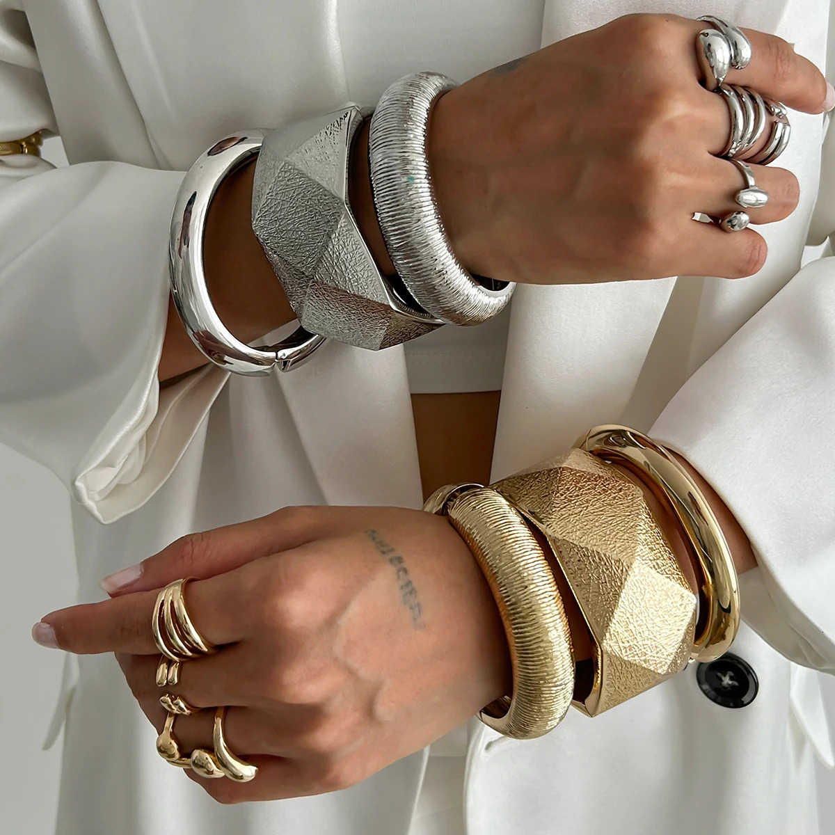 Ingemark 4 Styles Exaggerated Punk Heavy Metal Wide Cuff Bangles Women Hip Hop Geometric Spring Bracelet Steampunk Jewelry Men 250327