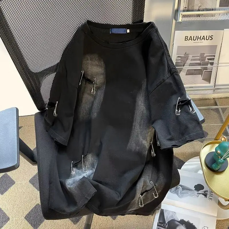 Foufurieux Fashion Ripped Oversized T-shirt Summer Harajuku Street Clothing Hip Hop T-shirt Grunge T-shirt Mens Harajuku T-shirt 250403