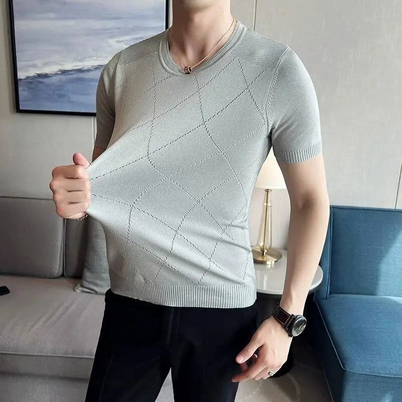 Summer silk breathable short sleeved knitted T-shirt mens round neck slim fit casual elastic T-shirt mens 3XL-M 250403