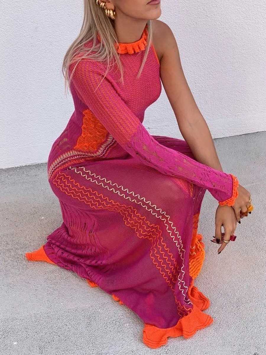Crochet Knitted Dress for Women Contrast Hollow-Out S-Through One Shoulder Long Slve Beach Dress Bikini Cover-Ups X250403