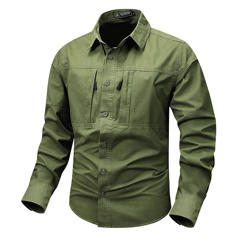 Retro workwear mens long sleeved shirt pocket n casual button up suitable for outdoor spring and autumn 250403e