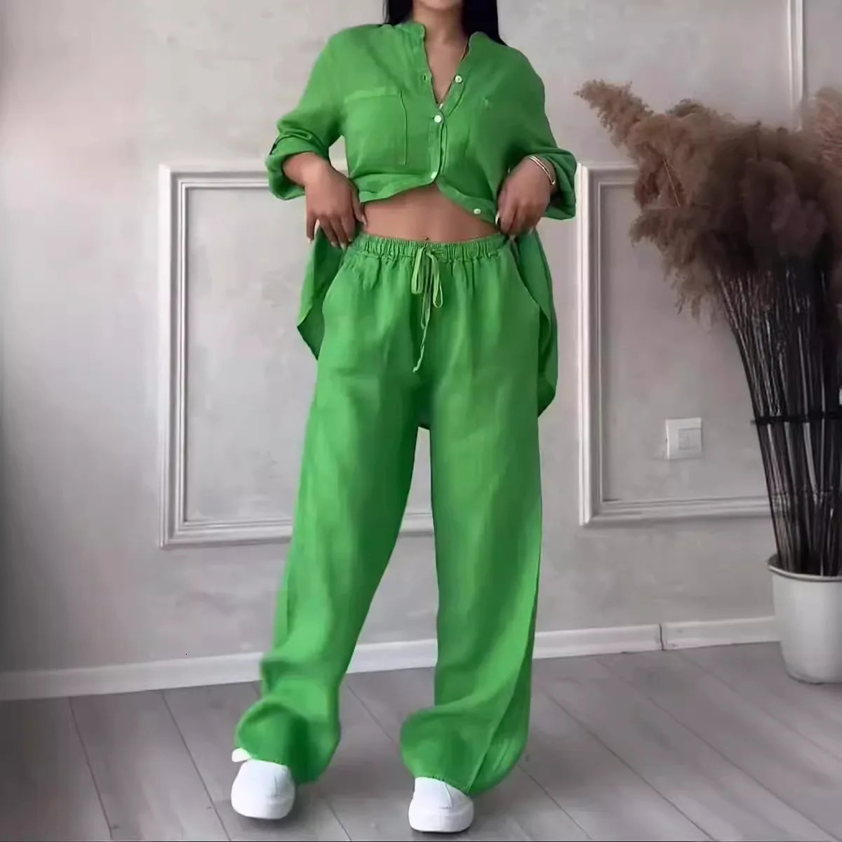 Pant Sets Women Two-piece Set Cotton And Linen Shirt Set High Waisted Loose Pants Elegant Summer Novelty 2024250403