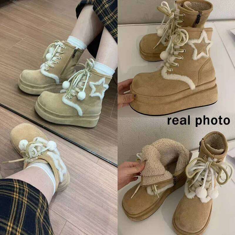 Fluffy Fur Thick Bottom Winter Cute Ankle Women 2025 Chunky Platform Wedge Heel Furry Kawaii Snow Boots Plush Y2K Shoes