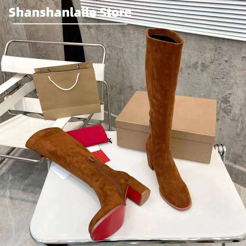2025 Newest Winter New Women's Genuine Leather Sensual Style Red Bottom Knee Boots High Heel Zapatos De Mujer