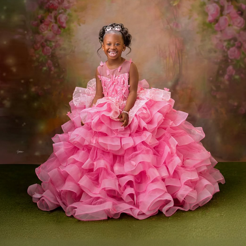 2025 Aso Ebi Pink Flower Girl Dresses Children Birthday Dress Illusion Sheer Neck Rhinestones Beaded Lace Tiered Tulle Princess Queen Ball Gown For Ma
