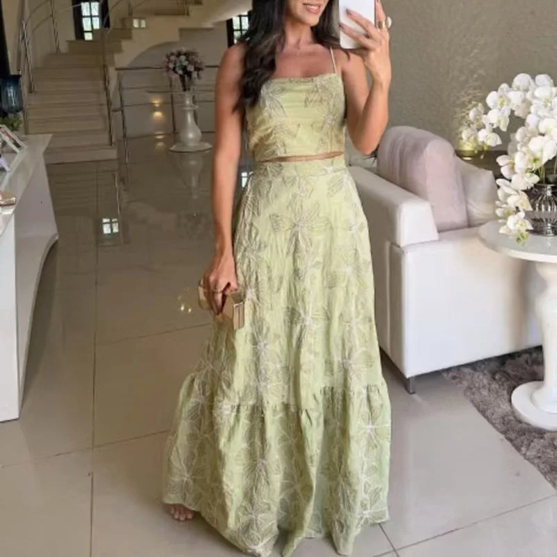 Casual Bohemian Holiday Outfit 2025 Summer Sling Top with Long Skirt Two Piece Sets Fashion Flower Print Hollow Slim Women Suit 250403