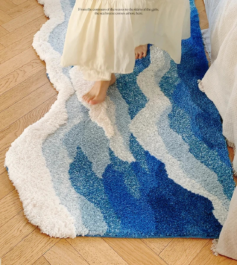 Blue Sea Pattern Tufted Rug Flocking Carpet Aesthetic Home Pad Funny Japanese Style Tufting Rug Cute Floor Pad Anti Slip Doormat 250403