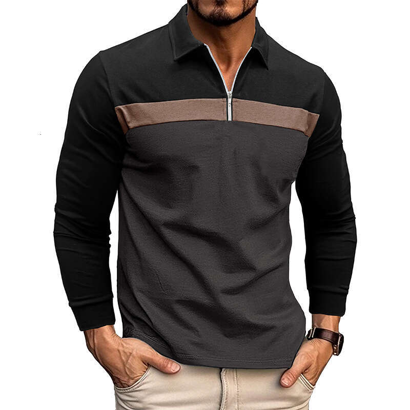 European American T-shirt for autumn winter 2025, collar color blocked polo men's long sleeved shirt, new 2025 style, chic and elegant clothing