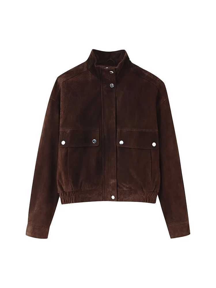 European and American style 2025 autumn new womens fashion trend pocket decoration suede leather bomber jacket J251103