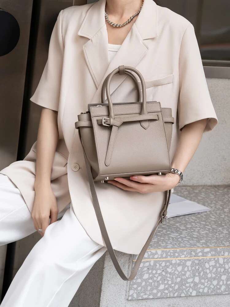New Stylish Vintage Grey Color Trapeze Tote Natural Cow Leather Women's Platinum Handbag Commuter Office Female Shoulder Bag
