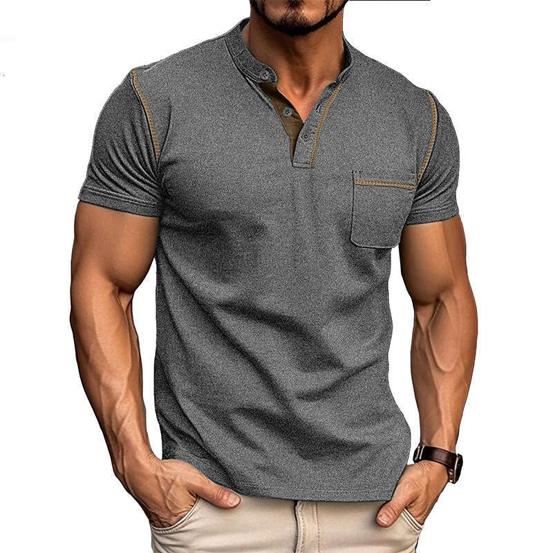 summer European American short sleeved men's Henry shirt top T-shirt 2025 new style chic and elegant clothing