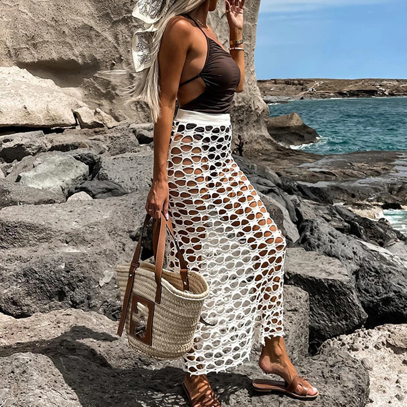 Hollow Out Sexy See Through Beach Cover Up Skirts Knitted All White Body Long Skirts Womens Summer Solid Bikini Towel 250327