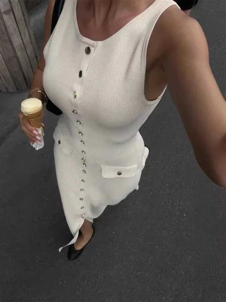 Womens Knit Cardigan Dress 2025 Summer Elegant Lady Long Dresses Solid Single Breasted Slveless Bodycon Female Vestidos X250403