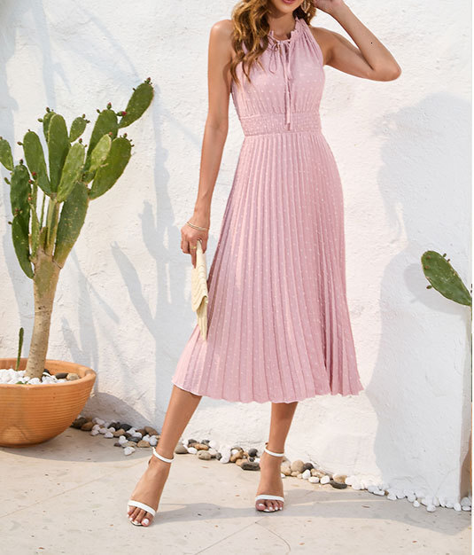 2025 Summer Fashion Round Neck Drawstring Strap Hundred Fold Medium Length Womens Dress