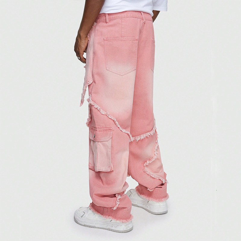 Mens Jeans Designer Jeans For Men Jeans Vibe high-end splicing pink hip-hop workwear wide leg Tencel jeans men's style