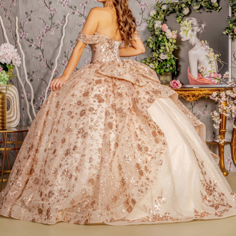 Rose Gold Shiny Princess Quinceanera Dresses Off The Shoulder Sequin Appliqued Lace Beads Tull Corset Sweet 16 Dress Ball Gown Vestidos 15 Anos