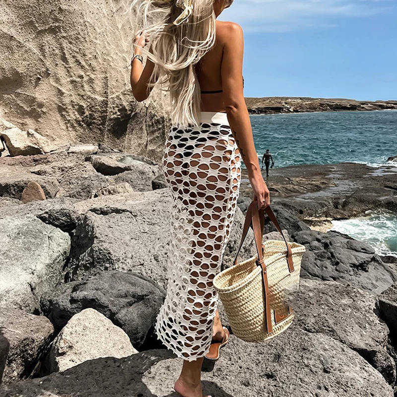 Hollow Out Sexy See Through Beach Cover Up Skirts Knitted All White Body Long Skirts Womens Summer Solid Bikini Towel 250327