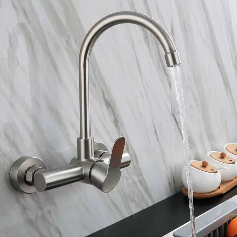 304 Stainless Steel Wall Mount Kitchen Faucet Mixer Kitchen Sink Faucet 360 Degree Rotation Hose Double Hole Faucet Y251104