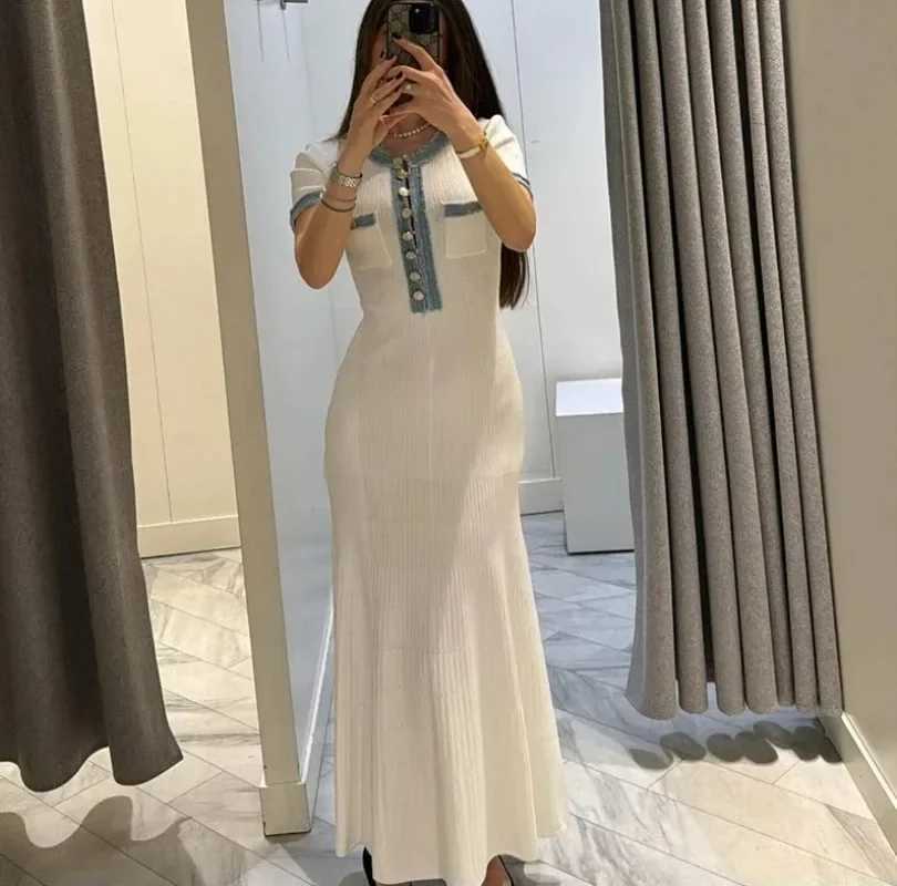 Talenza Elegant V Neck Denim Patchwork Knit Maxi Dress Womens Fashion Short Slve Button Slim Dress Office Ladies Pocket Robe X250403