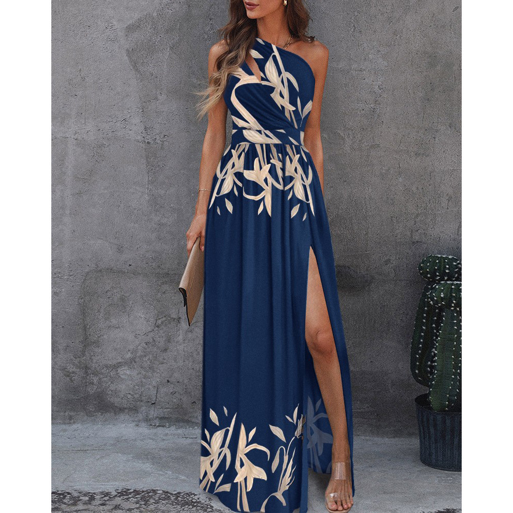 2025 New Fashionable Sexy One Shoulder Hollow Hanging Neck High Waist Split Extra Long Dress for Women