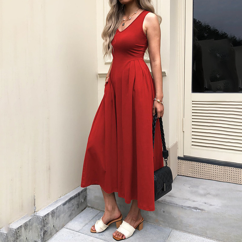 New 2025 Spring/Summer Elegant Waist Pocket pleated Tank Top Solid Color Long Dress