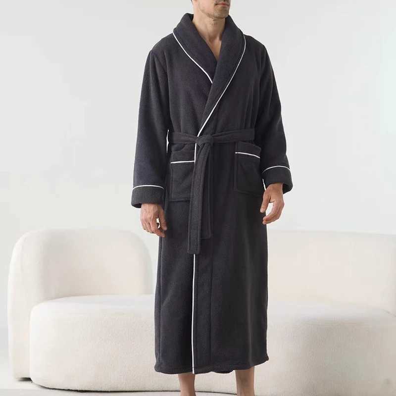 HEZIOWYUN Mens Plush Thicken Long Bathrobe Shawl Collar Soft Long Sleeve Lapel Spa Robe with Belt Winter Warm Robes Bath Shower C251104
