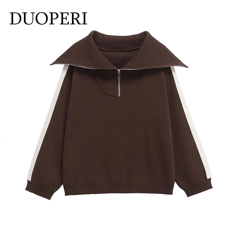 DUOPERI Women Fashion Brown Pullover Sweatshirts Casual Lapel Neck Long Sleeves Female Chic Lady Tops 250403