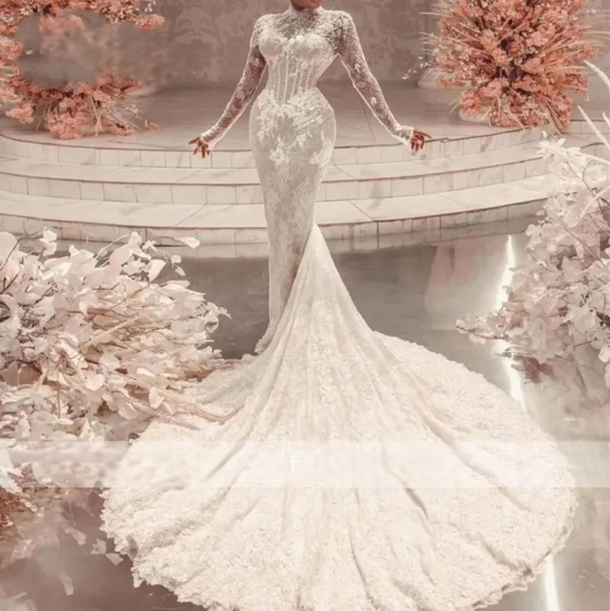 Customized Mermaid Wedding Dresses Full Sleeves Gown High Neck Muslim Bridal Gowns Lace Trumpet ruched covered buttons Robe De Mariage ZD19