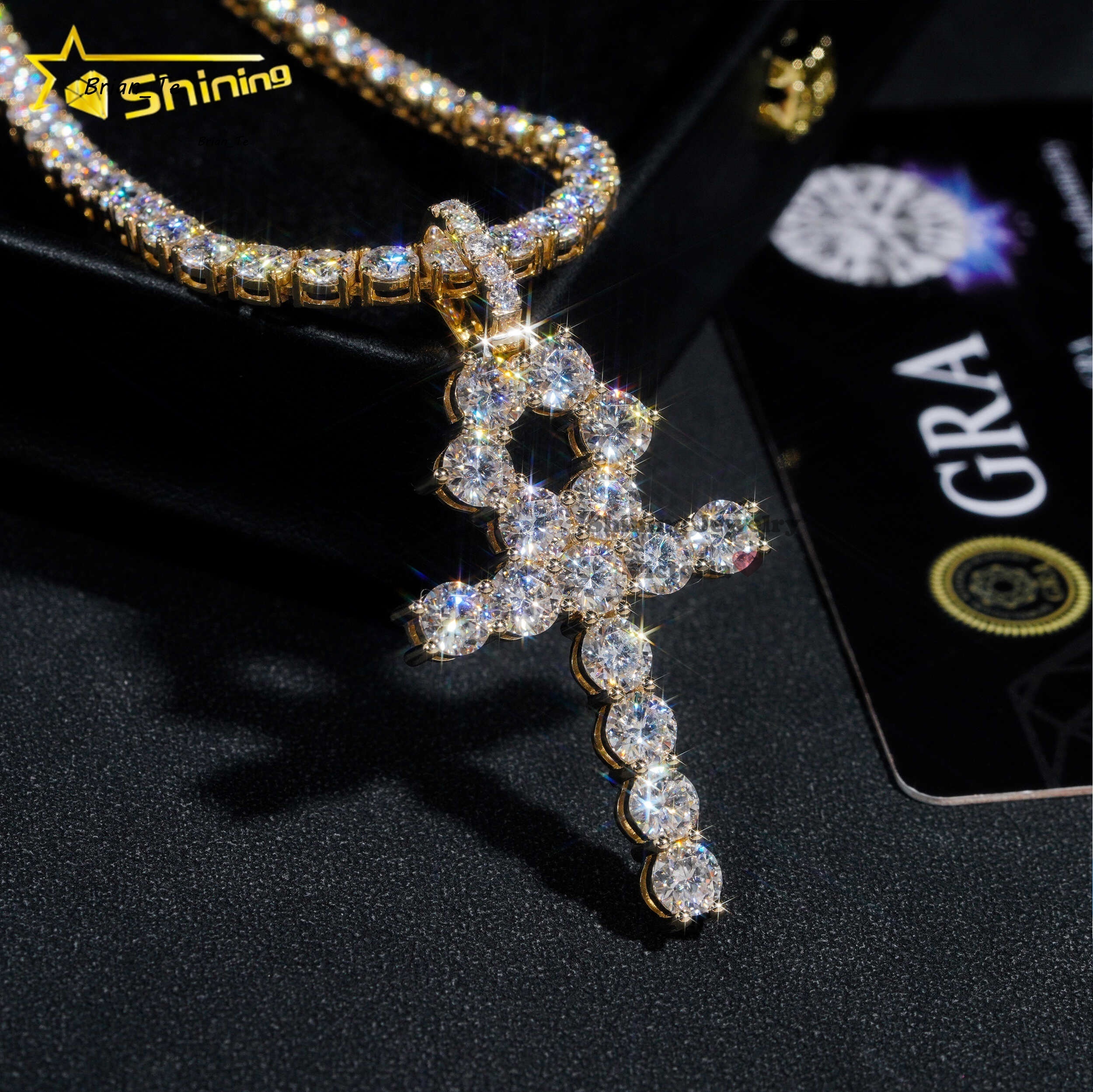 Custom Top Quality Certified Tennis Chain Diamond Hip Hop Solid Gold Jewelry 10k 14k 18k Real Gold Vvs Moissanite Cross Pendant