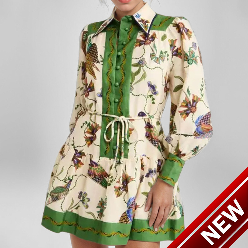 2025 New Ethnic Style Dress with Lace up Long Sleeve Positioning Totem Splicing Multi Button Dress