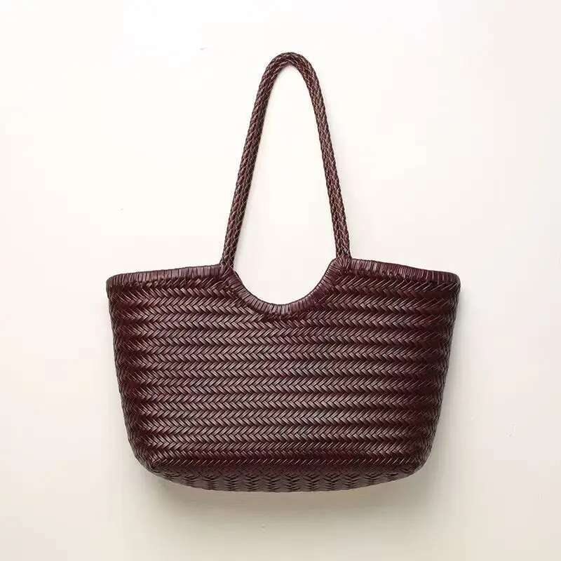 New For Women's Spring And Summer French Retro Tote Bag Genuine Leather Braided Vegetable Basket Ins Style Irregular Shoulde
