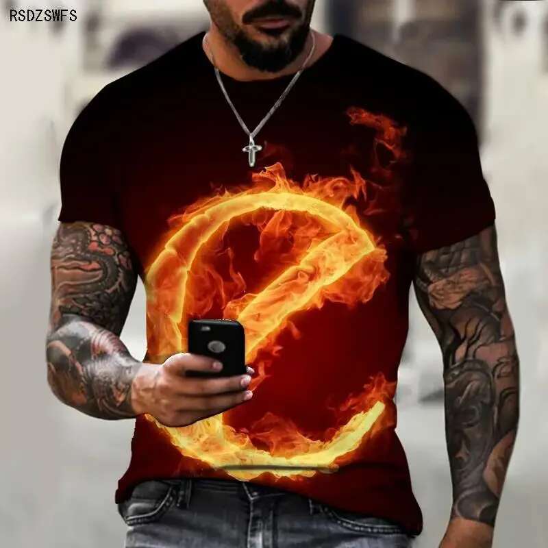 New Men's T-shirt 3D Printed Flame Initial Fashionable and Cool Street Top Plus Size Round Neck Short Sleeve