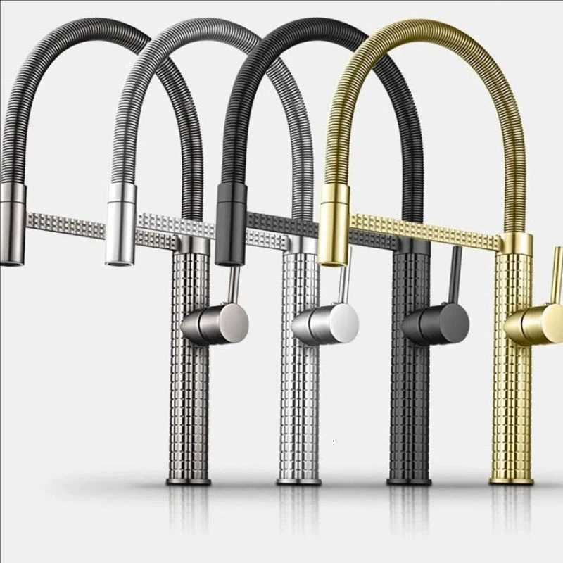 Black Spring Kitchen Faucet Pl Down Handheld Shower Kitchen carved Mixer Crane Hot and Cold rubber tube Taps Gray Chre B Y251104
