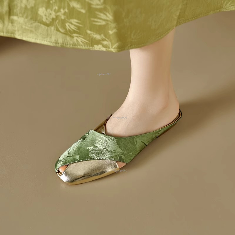 New Designer Sandals With Free Semi Dragged Women's Summer Soft Leather National Style Printed Color Blocked Square Head Hollow Flat Bottom Lazy 