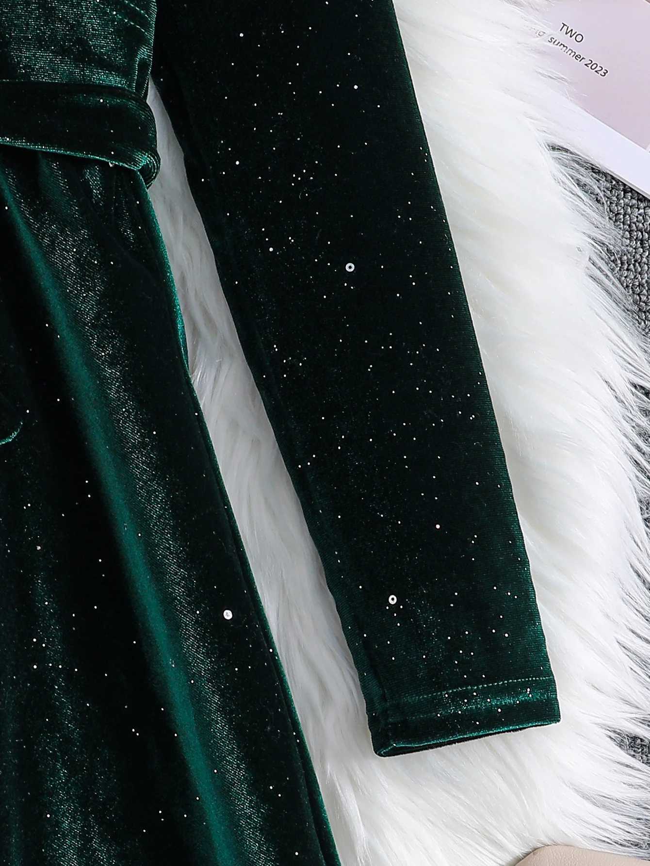 Autumn And Winter Girls Retro V-Neck Long-Sleeved Solid Color Sequined Birthday Party Dress With Belt C251104