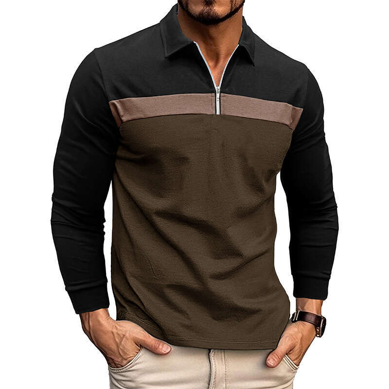 European American T-shirt for autumn winter 2025, collar color blocked polo men's long sleeved shirt, new 2025 style, chic and elegant clothing