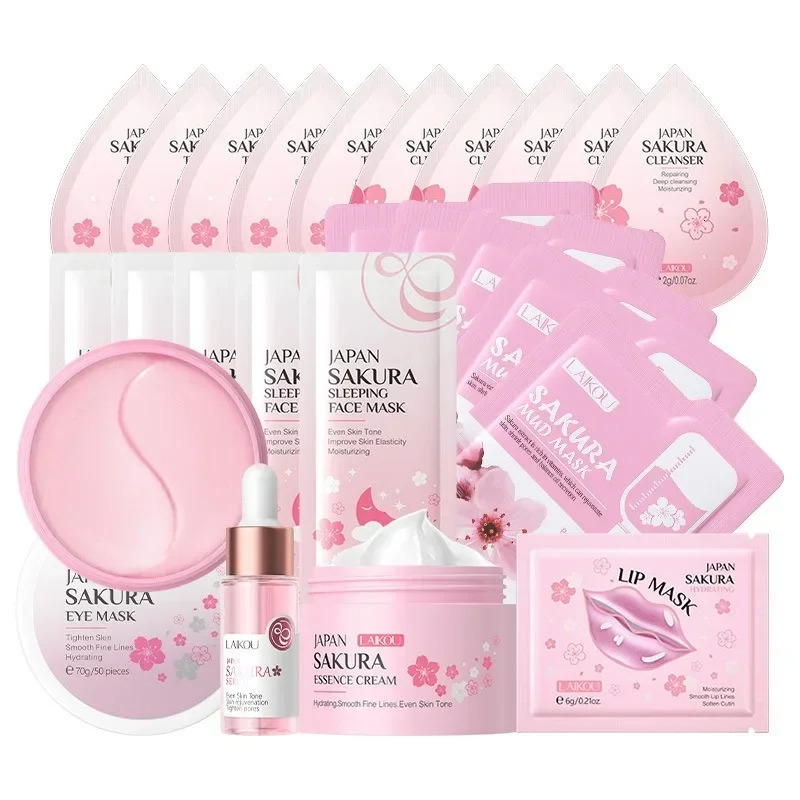 24pcs Sakura Skin Care Set Eye Lip Masks Serum Nud Masks Cleanser Toner Essence Cream Smoothing Nourishing Beauty 251030