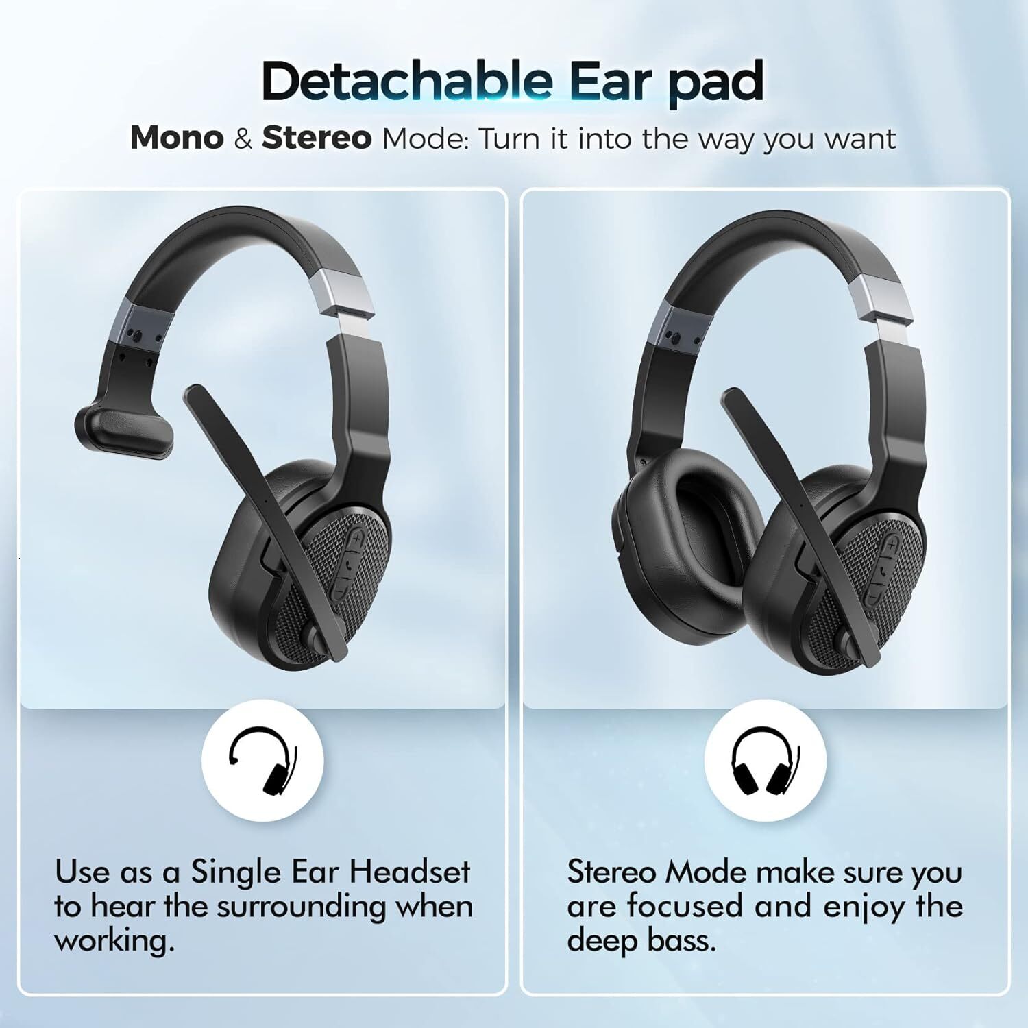 COSMUSIS Truck Driver Wireless Earphones Noise Cancelg Microphone, 50+Hour HD Call Bluetooth Earphones, with Removable Ear Pads/Single+Dual Mode, Suit