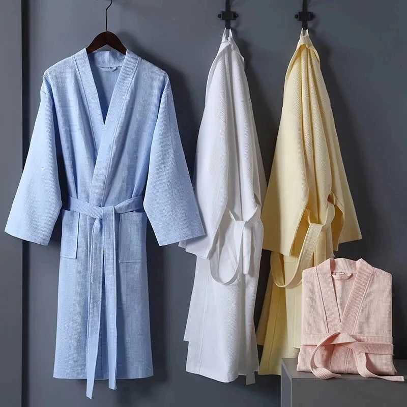 Women Towel Bathrobe 100Cotton Long Thick Absorbent Terry Bath Robe Kimono Men LightWeight Waffle Solid Dressing Gown Sleepwear C251104