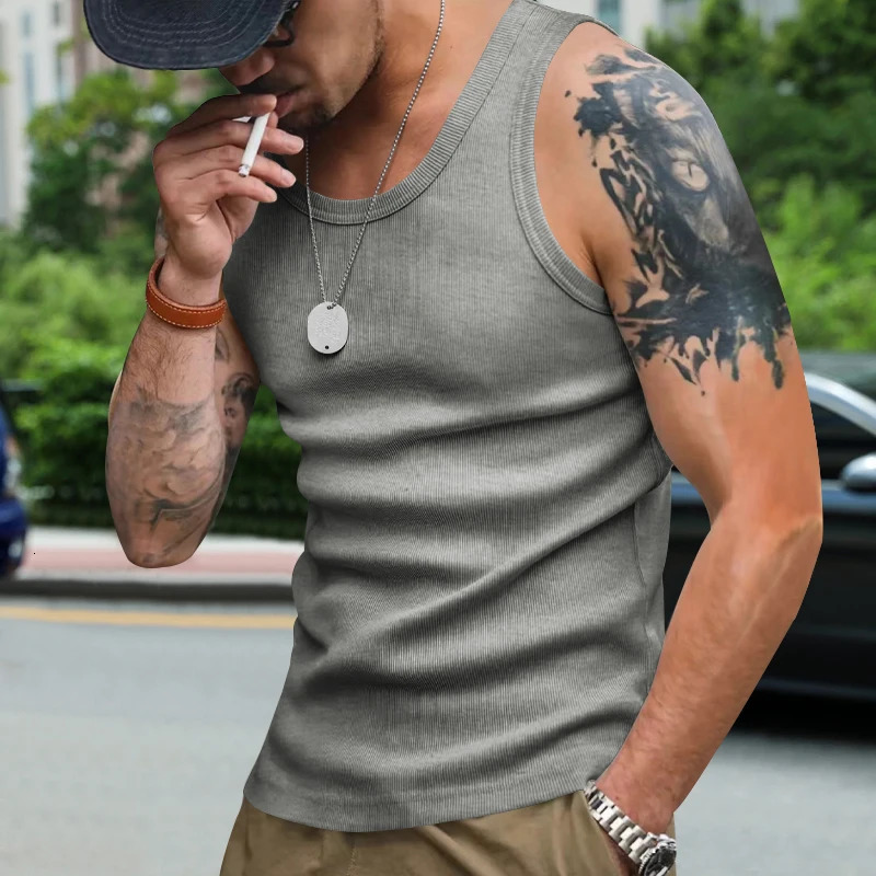 Summer Sports Vest Mens Solid Color Sleeveless Sweat Absorbent Breathable Training Clothing Tough Mens Clothing 250402