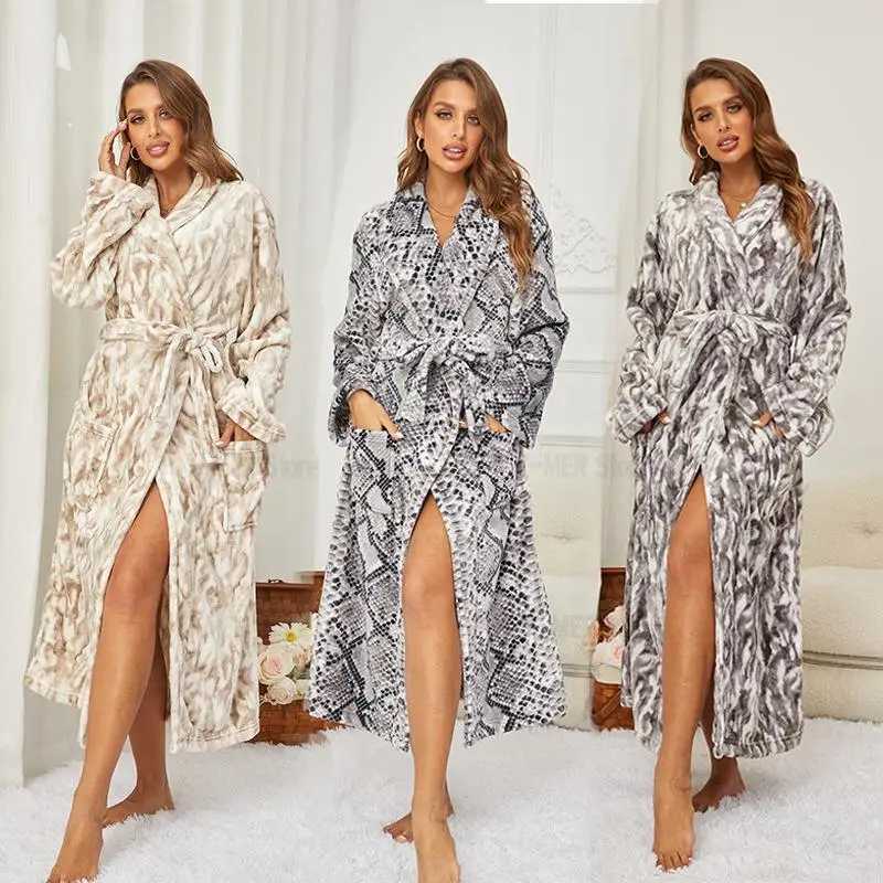 Sexy Snake Skins Robe Women Warm Winter Sleepwear Flannel Kimono Bathrobe Shower Robes Loose Long Home Dressing Fown Nightgown C251104