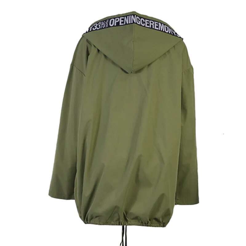 BAMBOOBOY Letter Print Green Trench Spring Autumn Women Coat Loose Zipper Hooded Long Sleeve Overcoat Windbreaker