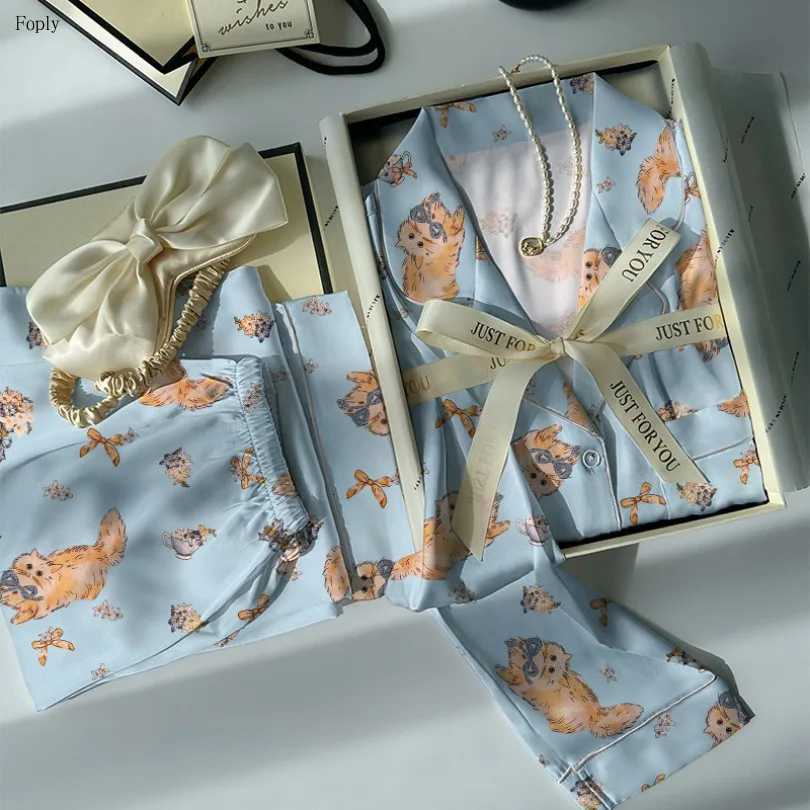 Designer Cartoon Cat Print Women Pajamas Two-piece Spring and Autumn Faux Silk Satin Pyjamas Ladies Pijama Sleepwear Women Loungewear Y251104